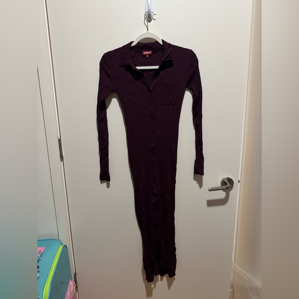 STAUD Ribbed Button-Down Maxi Dress in Plum